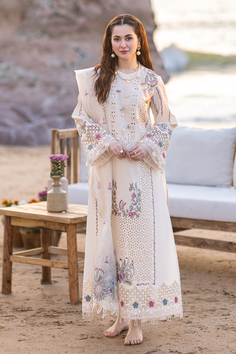 QALAMKAR - 3PC LAWN EMBROIDERED SHIRT WITH ORGANZA CUTWORK EMBROIDERED DUPATTA AND TROUSER - 1050