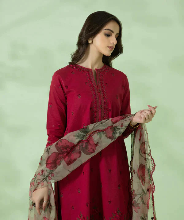 Dhanak-3PC Embroidered Shirt with Organza Digital Printed Dupatta- 3146