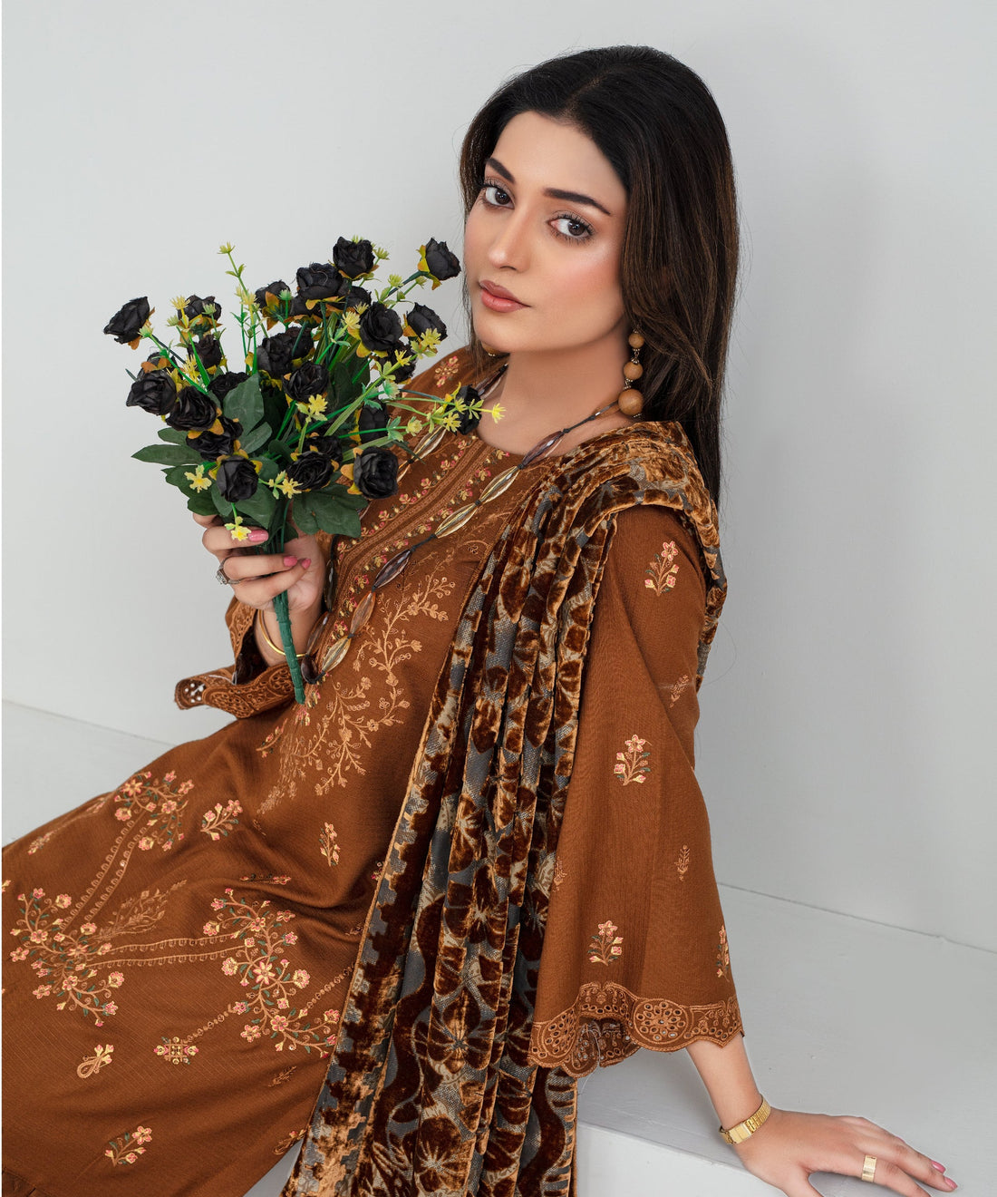 CREATION Dhanak 3PC Chikankari Embroidered Shirt With Velvet Plachi Shawl-2102