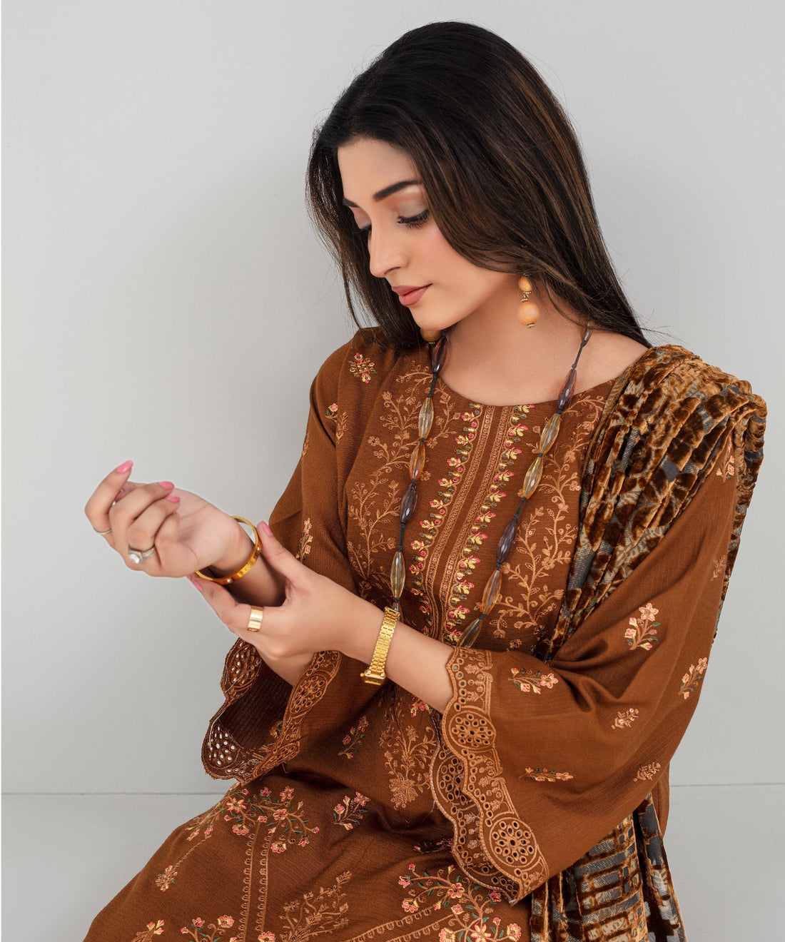CREATION Dhanak 3PC Chikankari Embroidered Shirt With Velvet Plachi Shawl-2102