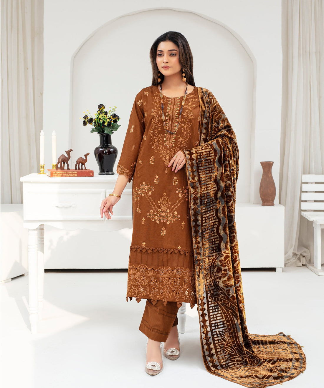 CREATION Dhanak 3PC Chikankari Embroidered Shirt With Velvet Plachi Shawl-2102