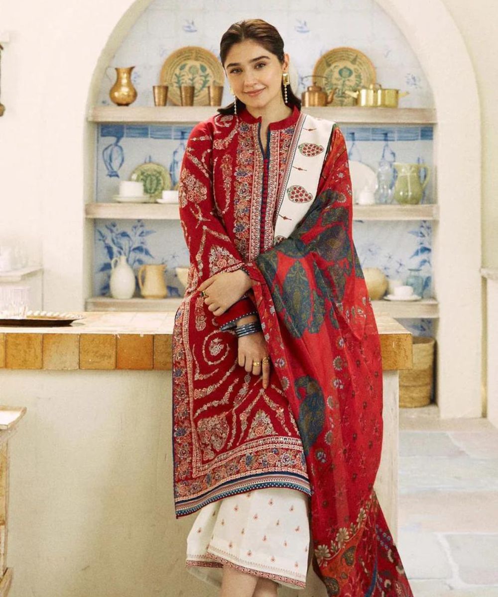 Dhanak 3PC  Embroidered Shirt With Digital printed wool shawl-659