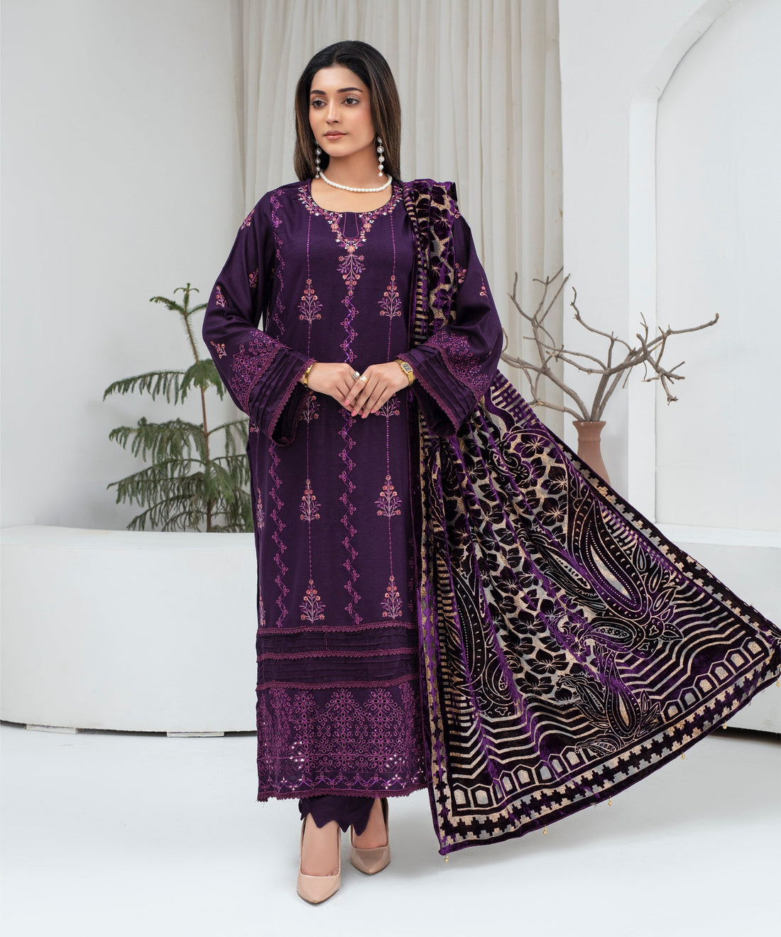 VCREATION Dhanak 3PC Chikankari Embroidered Shirt With Velvet Plachi Shawl-2106