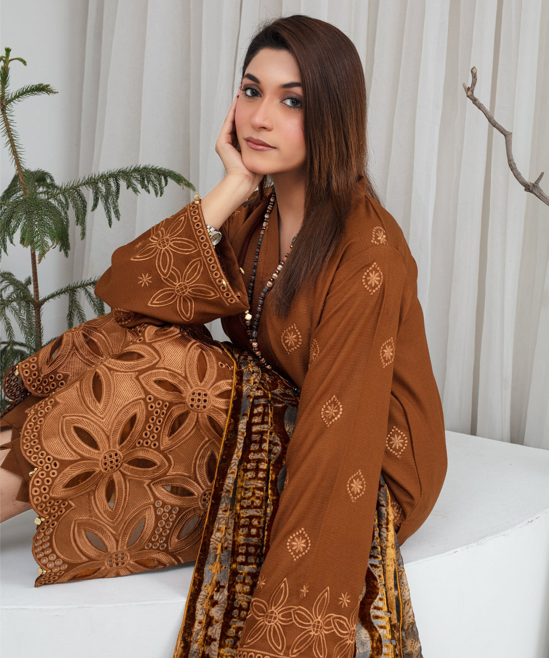 CREATION Dhanak 3PC Chikankari Embroidered Shirt With Velvet Plachi Shawl-2109