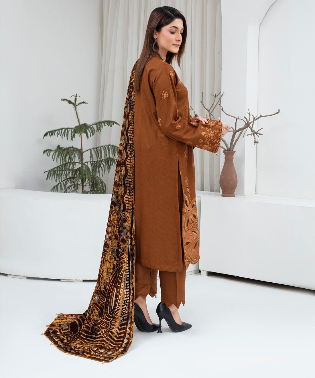 CREATION Dhanak 3PC Chikankari Embroidered Shirt With Velvet Plachi Shawl-2109