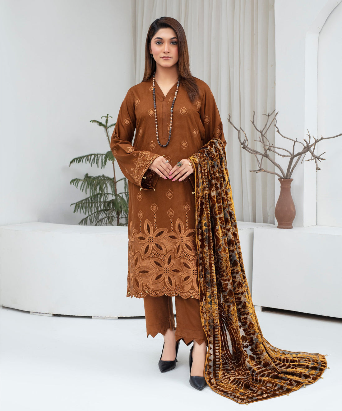CREATION Dhanak 3PC Chikankari Embroidered Shirt With Velvet Plachi Shawl-2109
