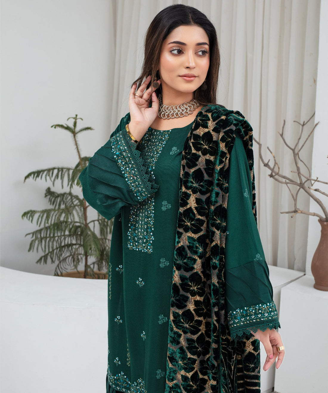 CREATION Dhanak 3PC Chikankari Embroidered Shirt With Velvet Plachi Shawl-2105