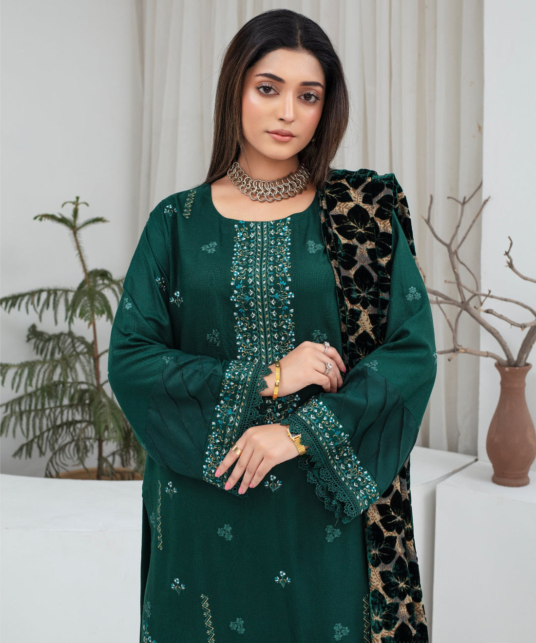 CREATION Dhanak 3PC Chikankari Embroidered Shirt With Velvet Plachi Shawl-2105