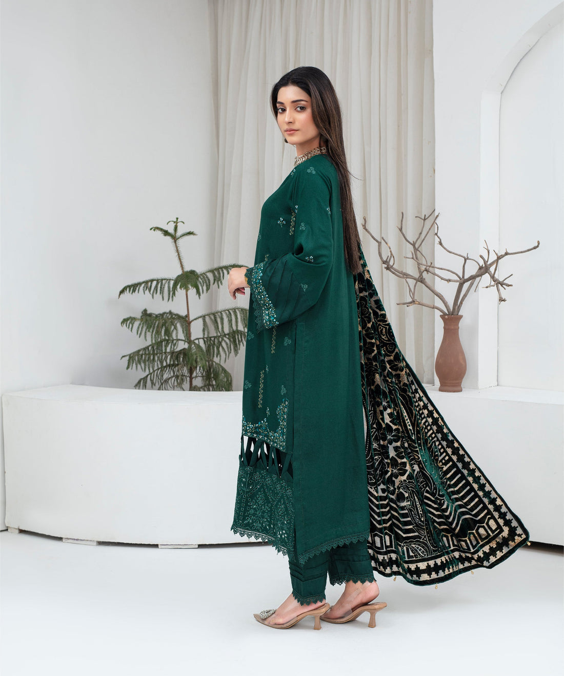 CREATION Dhanak 3PC Chikankari Embroidered Shirt With Velvet Plachi Shawl-2105
