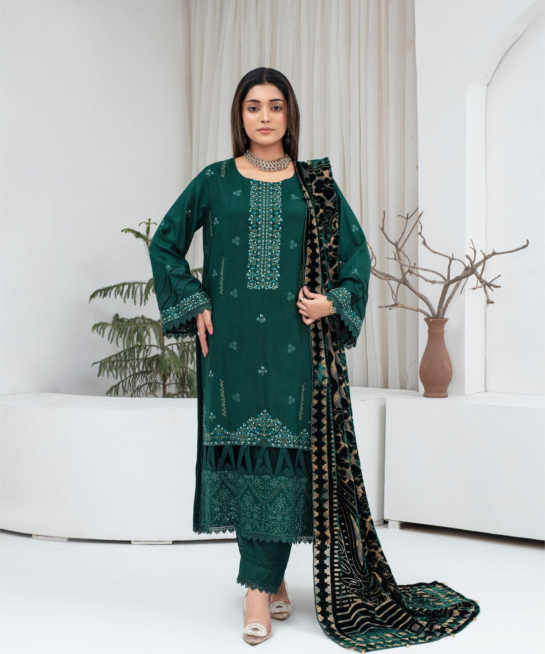 CREATION Dhanak 3PC Chikankari Embroidered Shirt With Velvet Plachi Shawl-2105