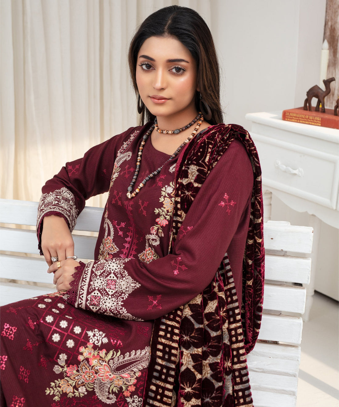 CREATION Dhanak 3PC Chikankari Embroidered Shirt With Velvet Plachi Shawl-2104