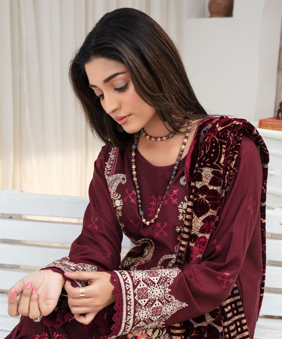 CREATION Dhanak 3PC Chikankari Embroidered Shirt With Velvet Plachi Shawl-2104