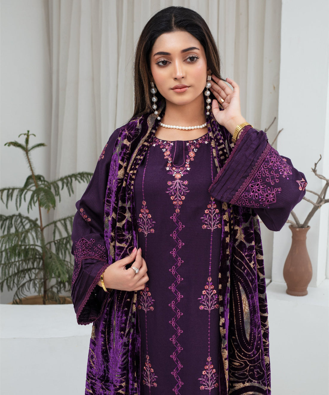 VCREATION Dhanak 3PC Chikankari Embroidered Shirt With Velvet Plachi Shawl-2106
