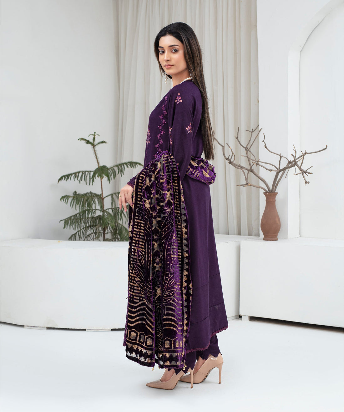 VCREATION Dhanak 3PC Chikankari Embroidered Shirt With Velvet Plachi Shawl-2106
