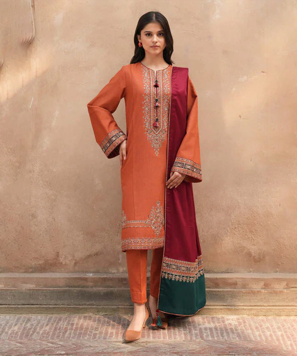 Dhanak-3PC Embroidered Shirt with Digital Printed Wool Shawl - 3239