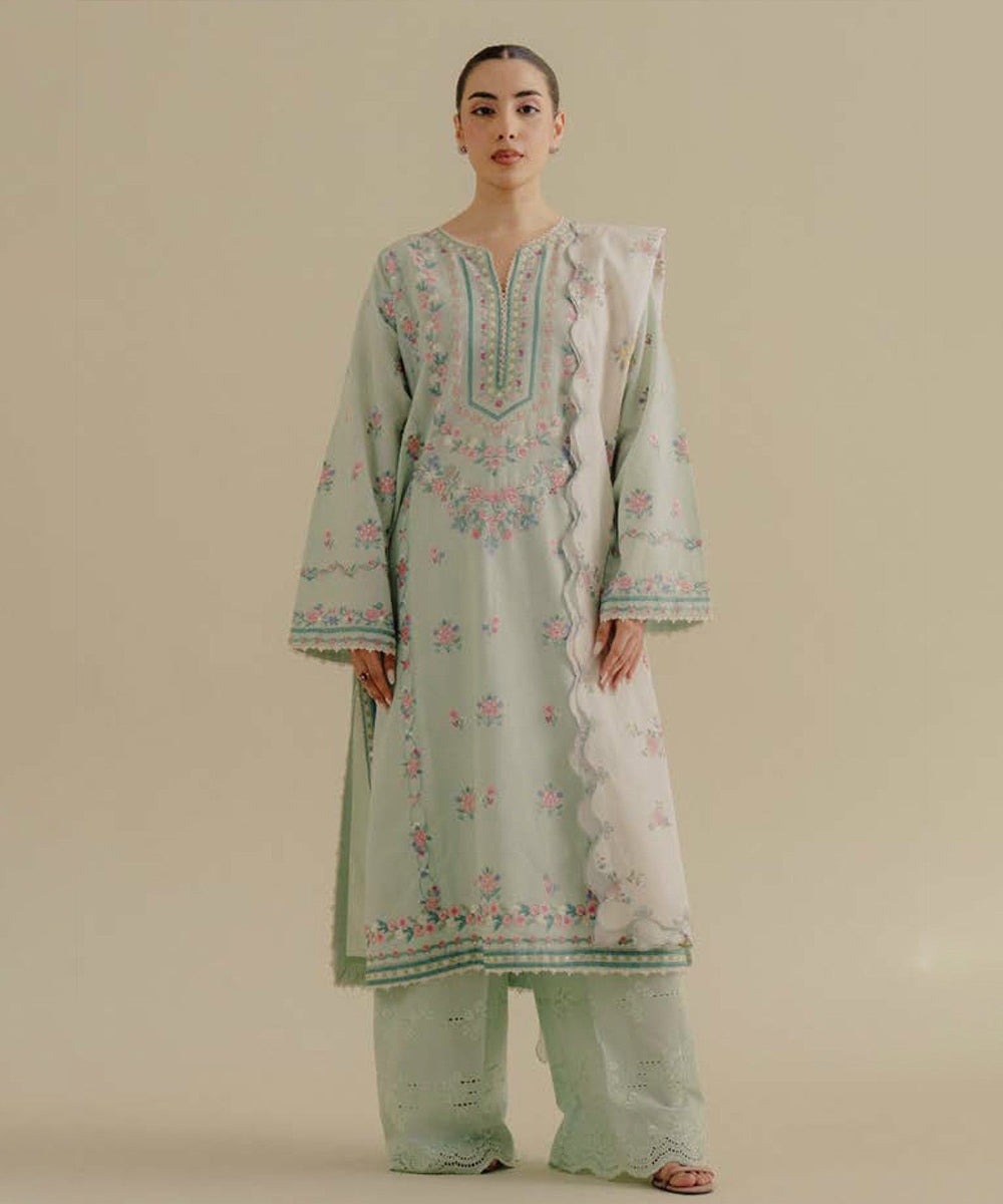 Lawn-3PC Embroidered Shirt with Digital Printed Jacquard Dupatta-1386