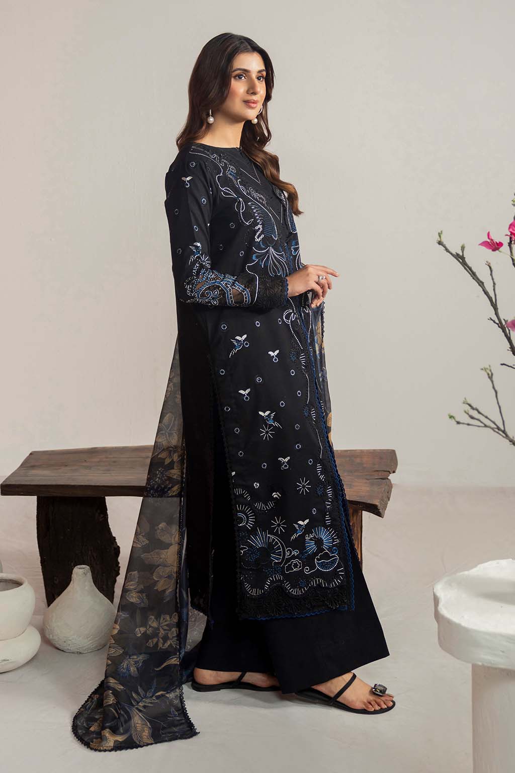 Dhanak-3PC Embroidered Shirt with Digital Printed Wool Shawl- 3365