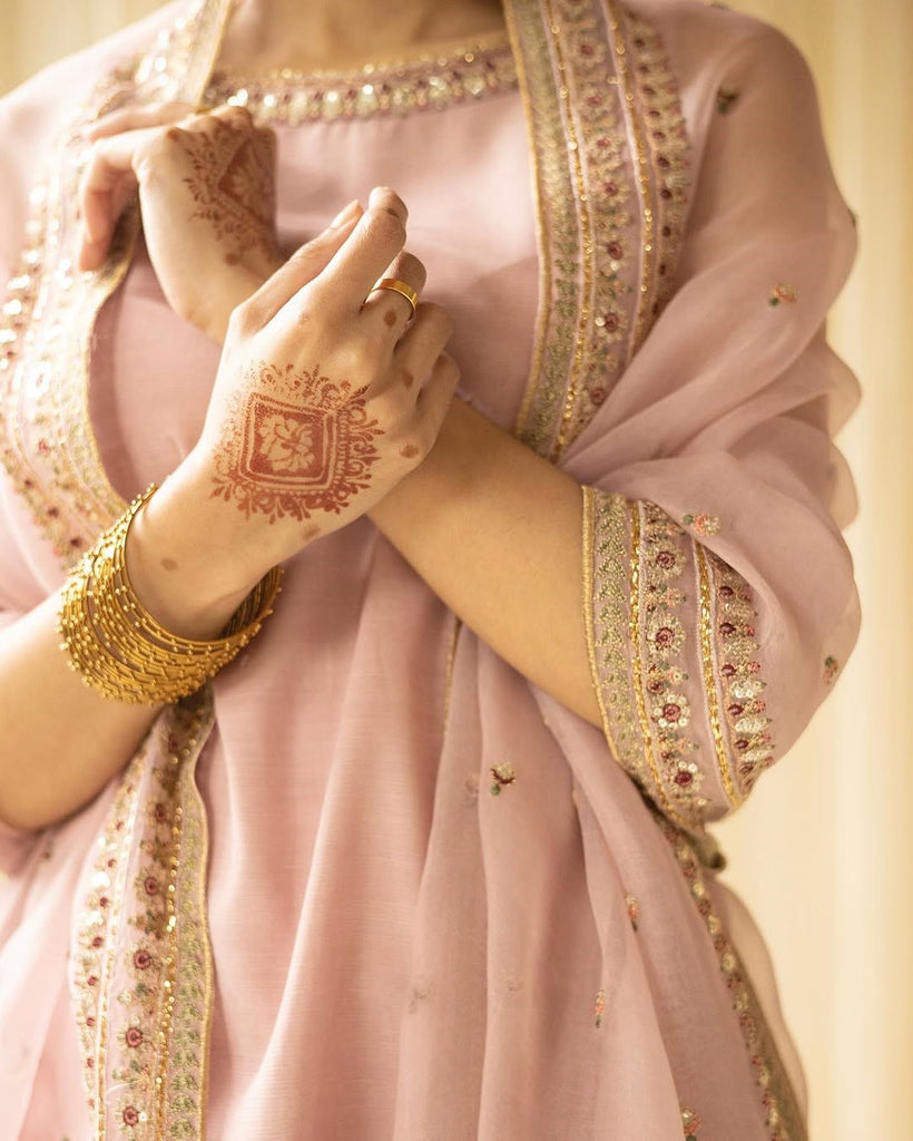 Dhanak-3PC Embroidered Shirt with Organza  Sequins Embroidered Dupatta- 3342