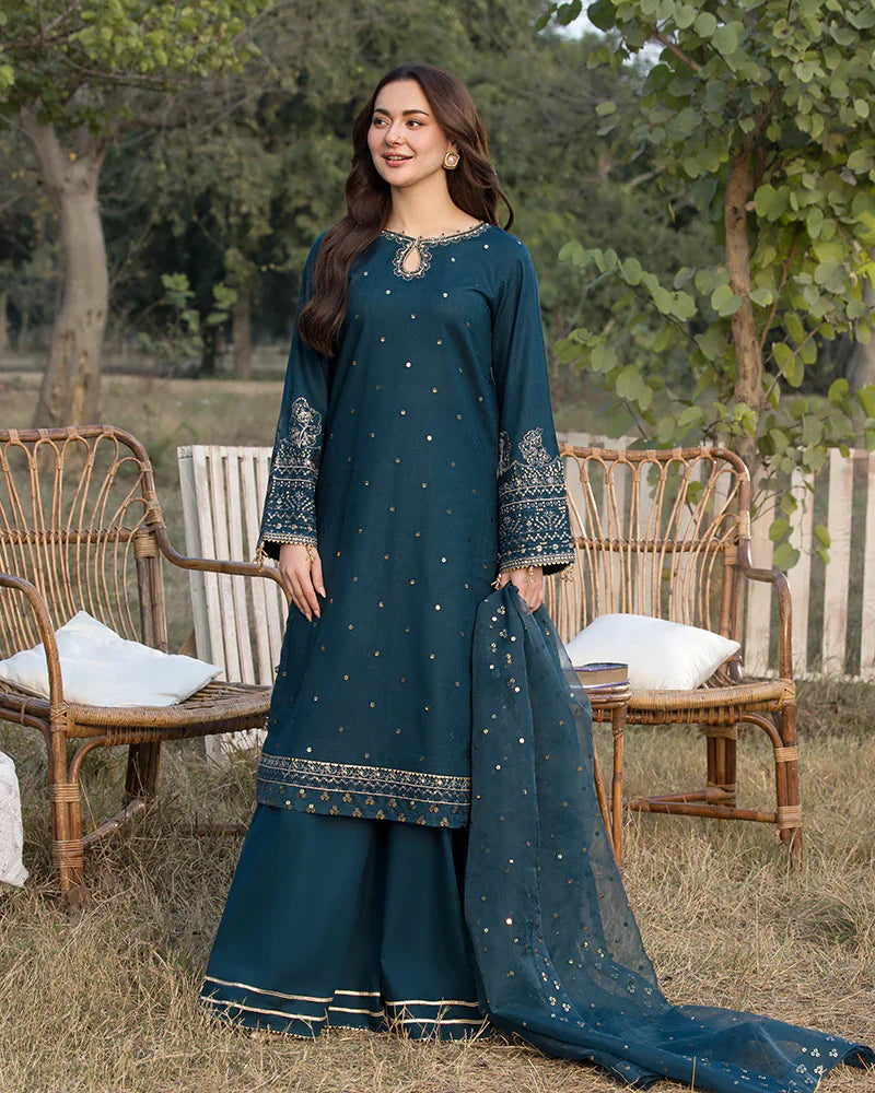 Dhanak-3PC Embroidered Shirt with Organza Embroidered Dupatta- 3392