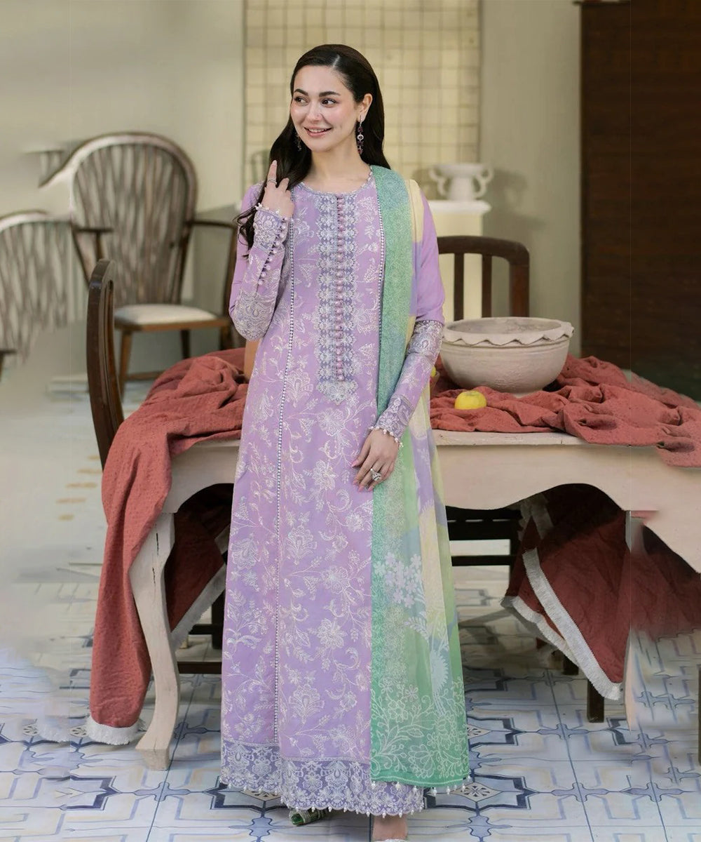 Dhanak-3PC Embroidered Shirt with Digital Printed Wool Shawl - 3307